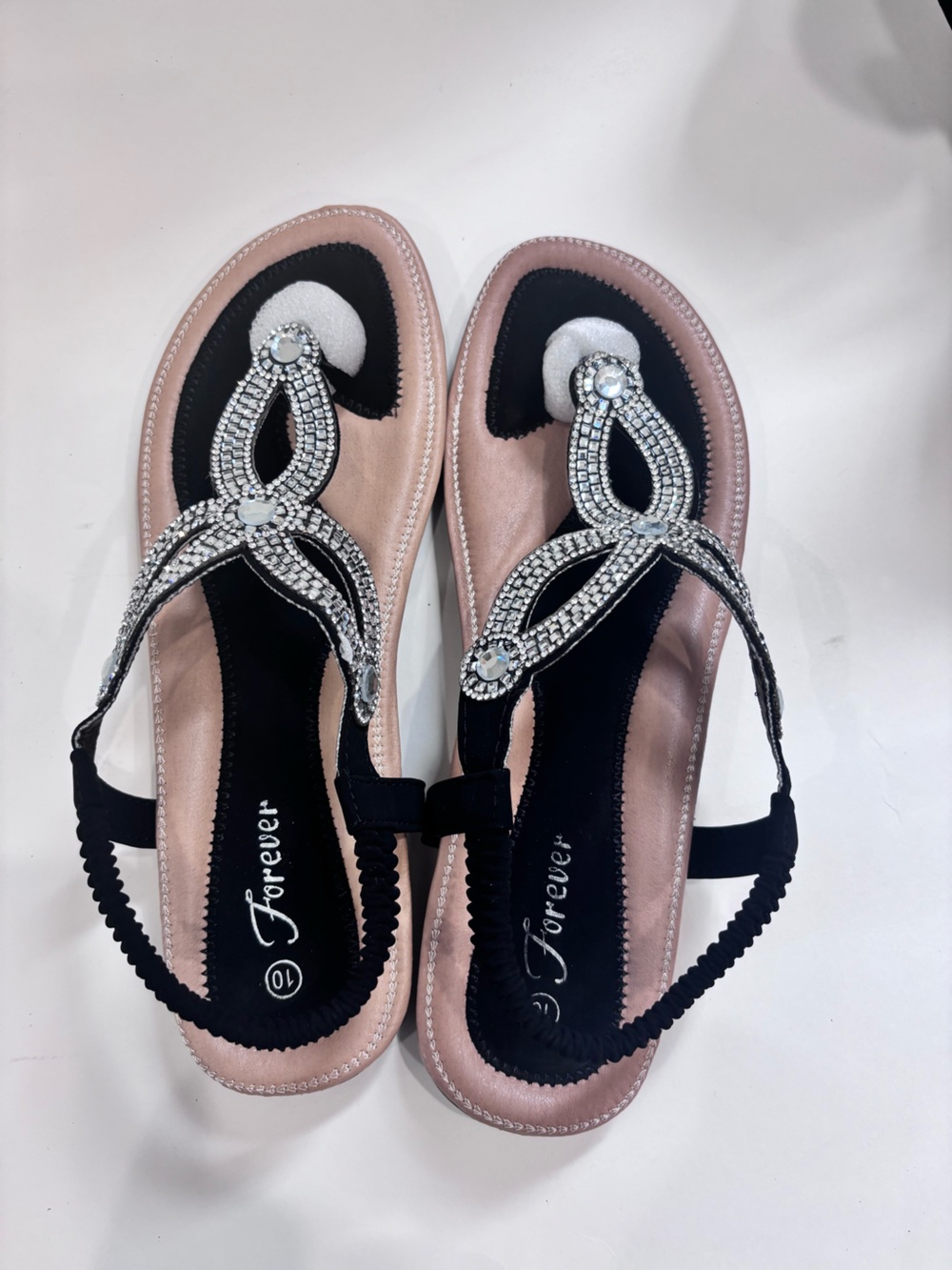 Forever Black and Pink Jeweled T-Strap Sandals